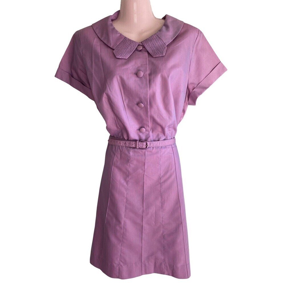 Vintage Mynette Dress Womens 20 Purple Shirt Short Sleeve Belted Knee Length 60s